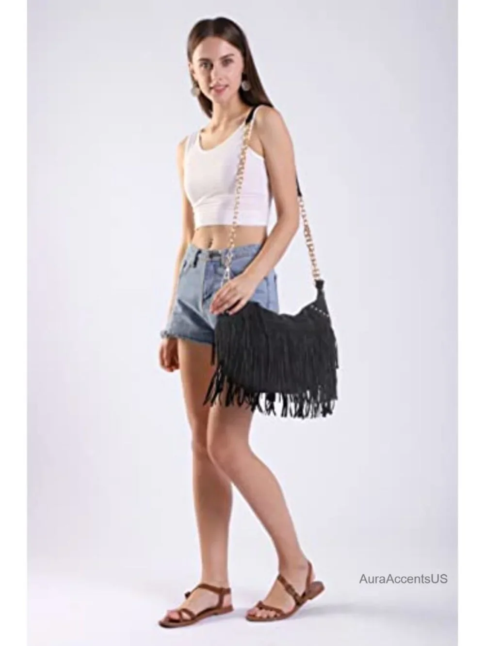 Studded Tassel Faux Suede Leather Hobo Cross Body Chain Shoulder Bag Women's